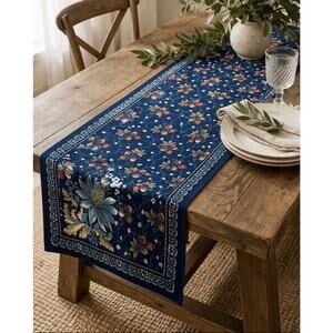 Williams Sonoma Blue Berry Meadow Table Runner Floral Cotton 108”